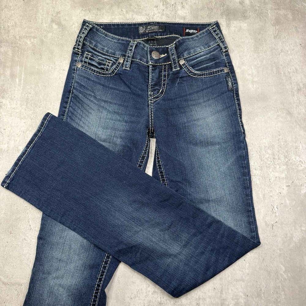 Silver Jeans Co. Suki Mid Rise Slim Bootcut Faded Dark Wash Stretch Denim 27x33